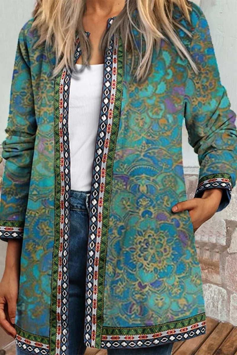 Casual Print Pocket O Neck Outerwear