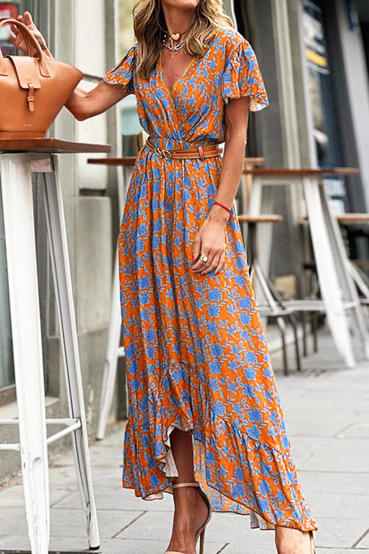 Elegant Floral With Belt V Neck A Line Dresses