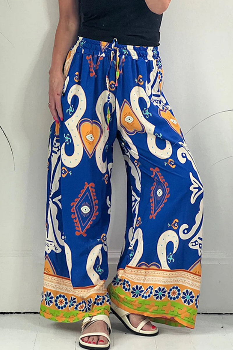 Casual Print Pocket Loose Wide Leg Full Print Bottoms