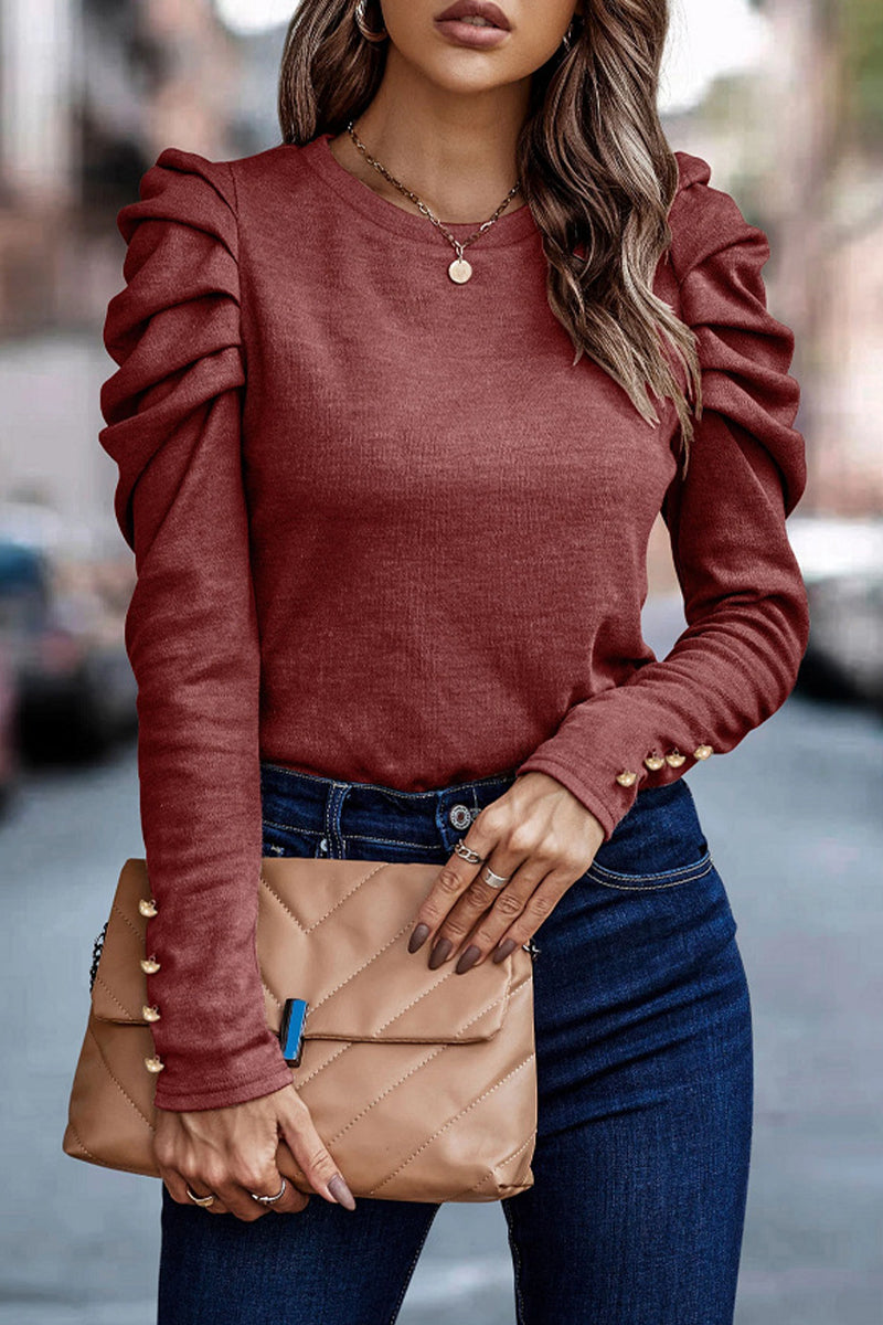 Casual Solid Fold O Neck Tops