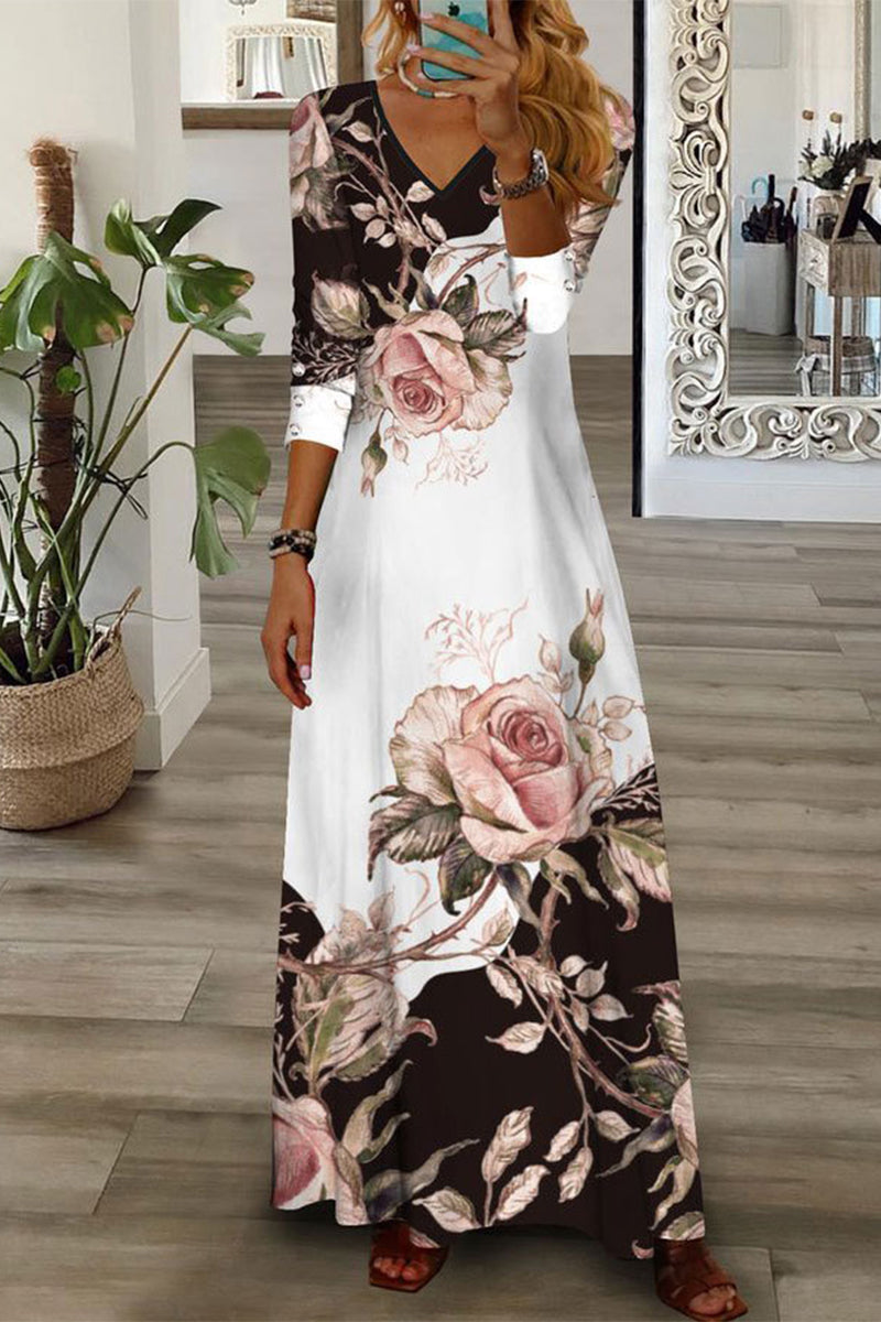 Elegant Floral Buttons V Neck A Line Dresses