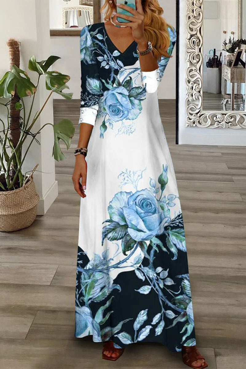 Elegant Floral Buttons V Neck A Line Dresses