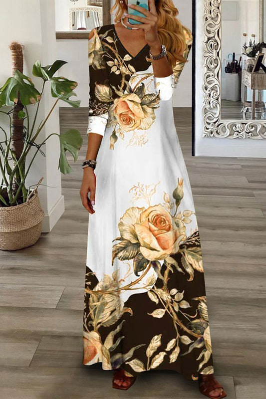 Elegant Floral Buttons V Neck A Line Dresses