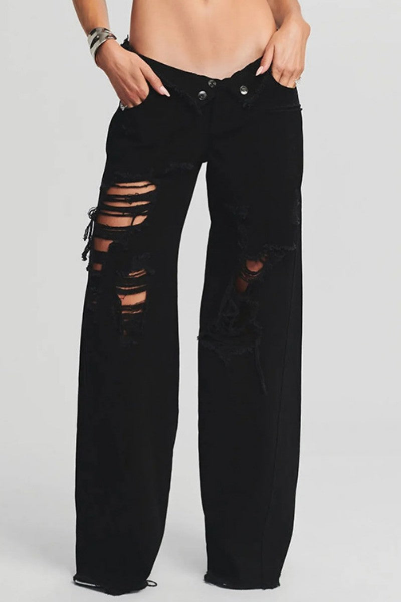 Casual Solid Ripped Patchwork Mid Waist Regular Denim Jeans (Subject To The Actual Object)(5 Colors)