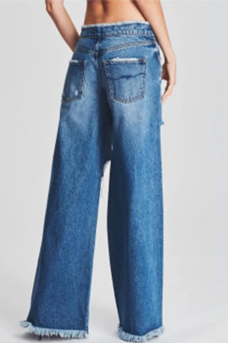 Casual Solid Ripped Patchwork Mid Waist Regular Denim Jeans (Subject To The Actual Object)(5 Colors)