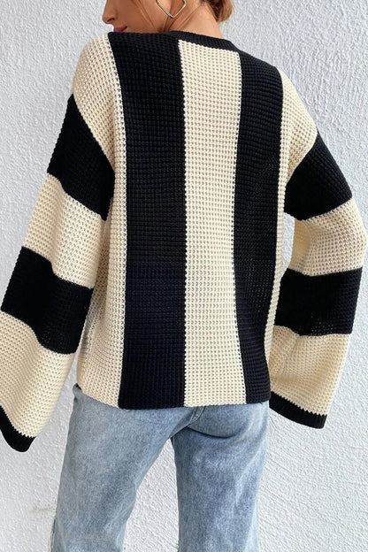 Casual Striped Contrast O Neck Tops