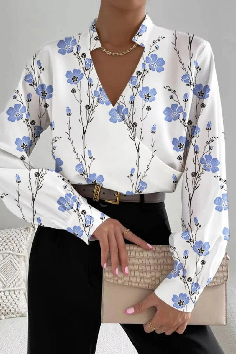 Casual Print Patchwork V Neck Blouses(6 Colors)