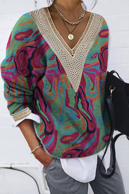 Casual Print Patchwork V Neck Tops