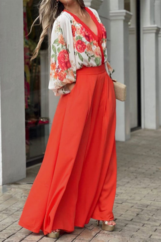 Elegant Floral Pocket V Neck Long Sleeve Two Pieces