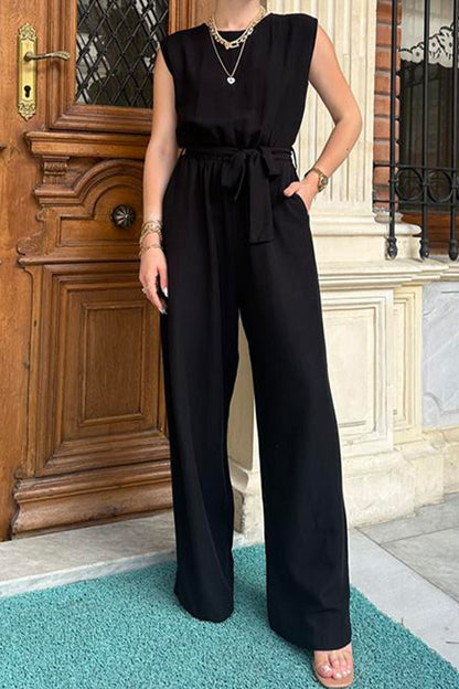 Elegant Solid Frenulum O Neck Loose Jumpsuits