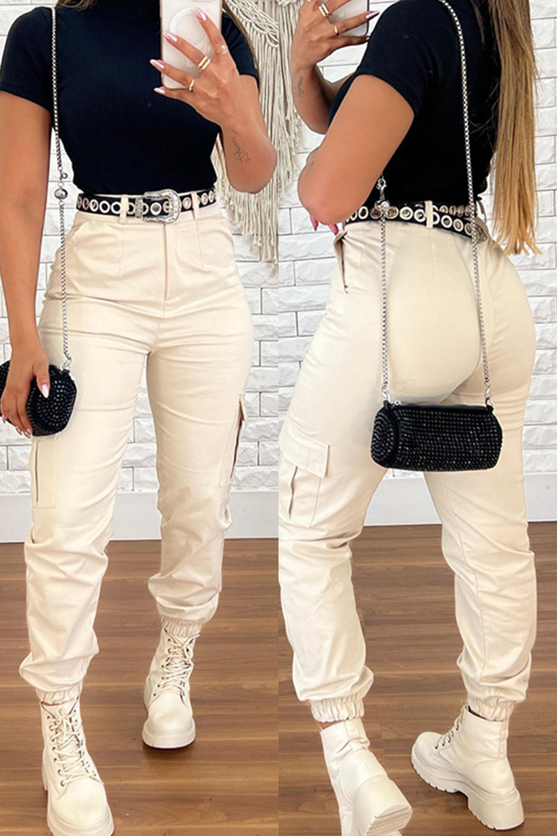 Casual Solid Patchwork Regular High Waist Conventional Solid Color Trousers (Without Belt)