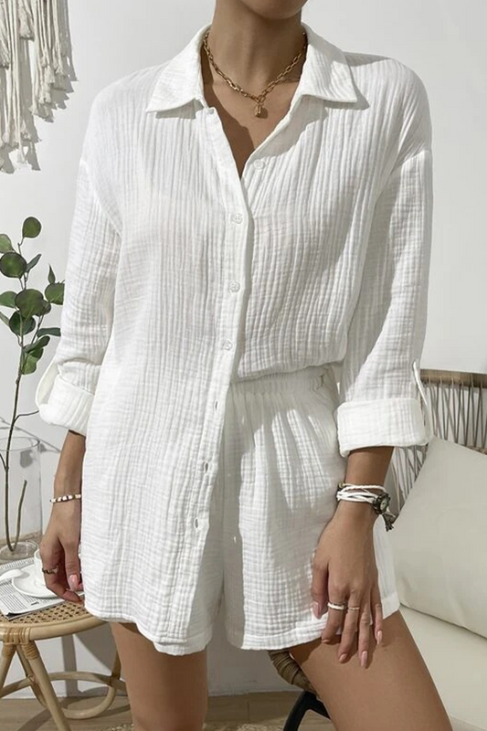 Casual Simplicity Solid Fold Turndown Collar Long Sleeve Two Pieces