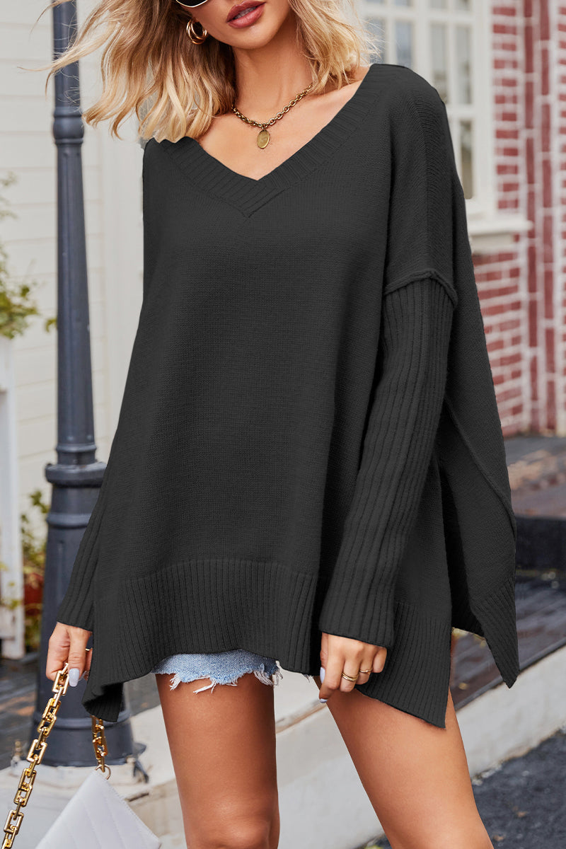 Casual Simplicity Solid Slit V Neck Tops