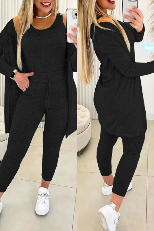 Casual Solid Basic O Neck Long Sleeve Three Piece Set(7 Colors)