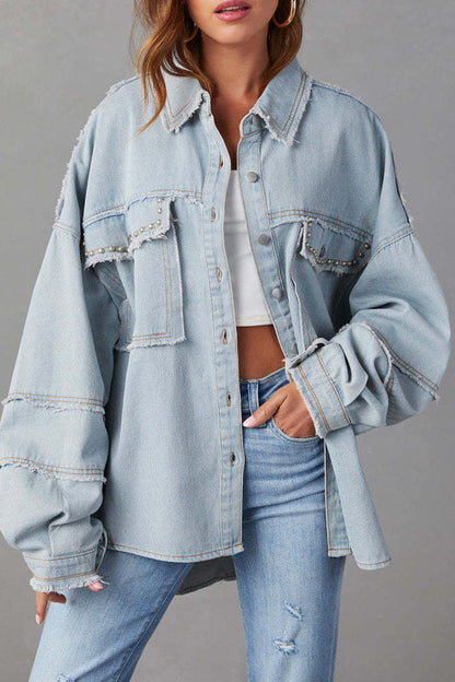 Casual Solid Patchwork Turndown Collar Long Sleeve Regular Denim Jacket