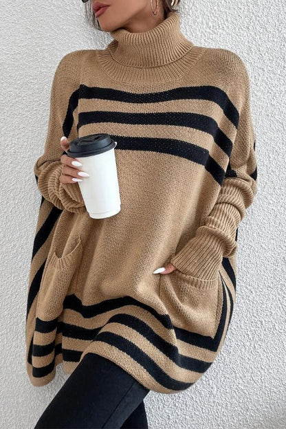 Street Striped Patchwork Pocket Turtleneck Tops