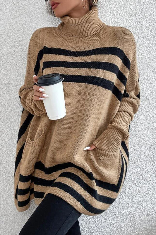 Street Striped Patchwork Pocket Turtleneck Tops