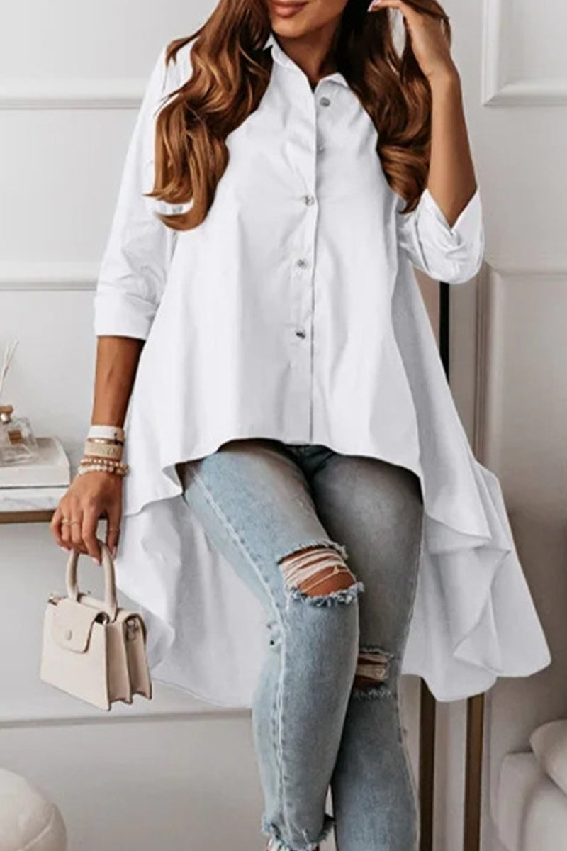 Casual Solid Buttons Asymmetrical Turndown Collar Tops(3 Colors)