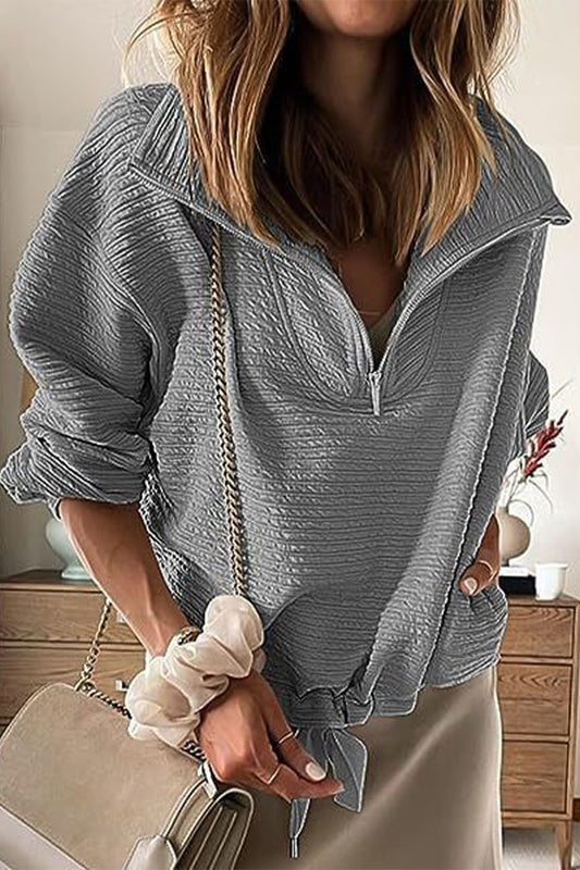 Casual Solid Draw String Zipper Turndown Collar Tops(6 Colors)