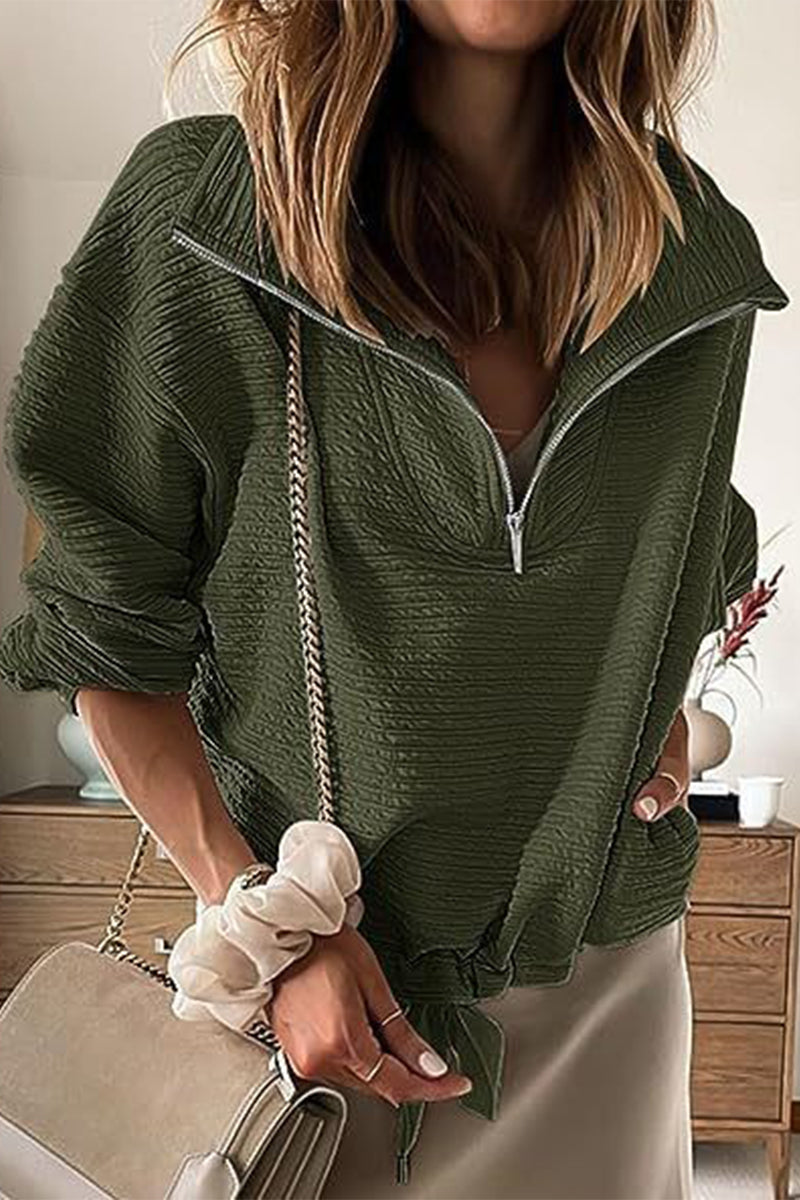 Casual Solid Draw String Zipper Turndown Collar Tops(6 Colors)