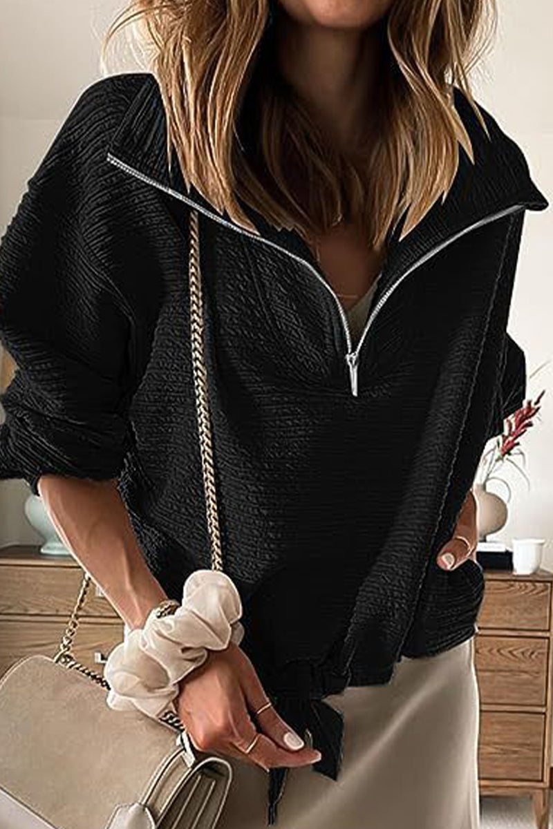 Casual Solid Draw String Zipper Turndown Collar Tops(6 Colors)