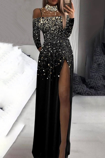 Elegant Formal Print Slit Sequined Turtleneck Evening Dress Dresses(Pattern Printing Is Not Sequins)