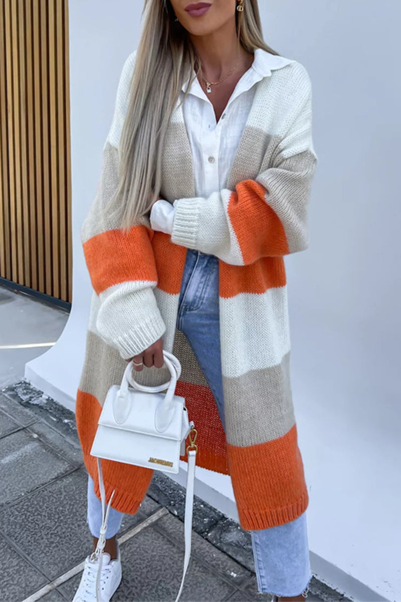 Casual Street Striped Contrast Cardigan Collar Outerwear